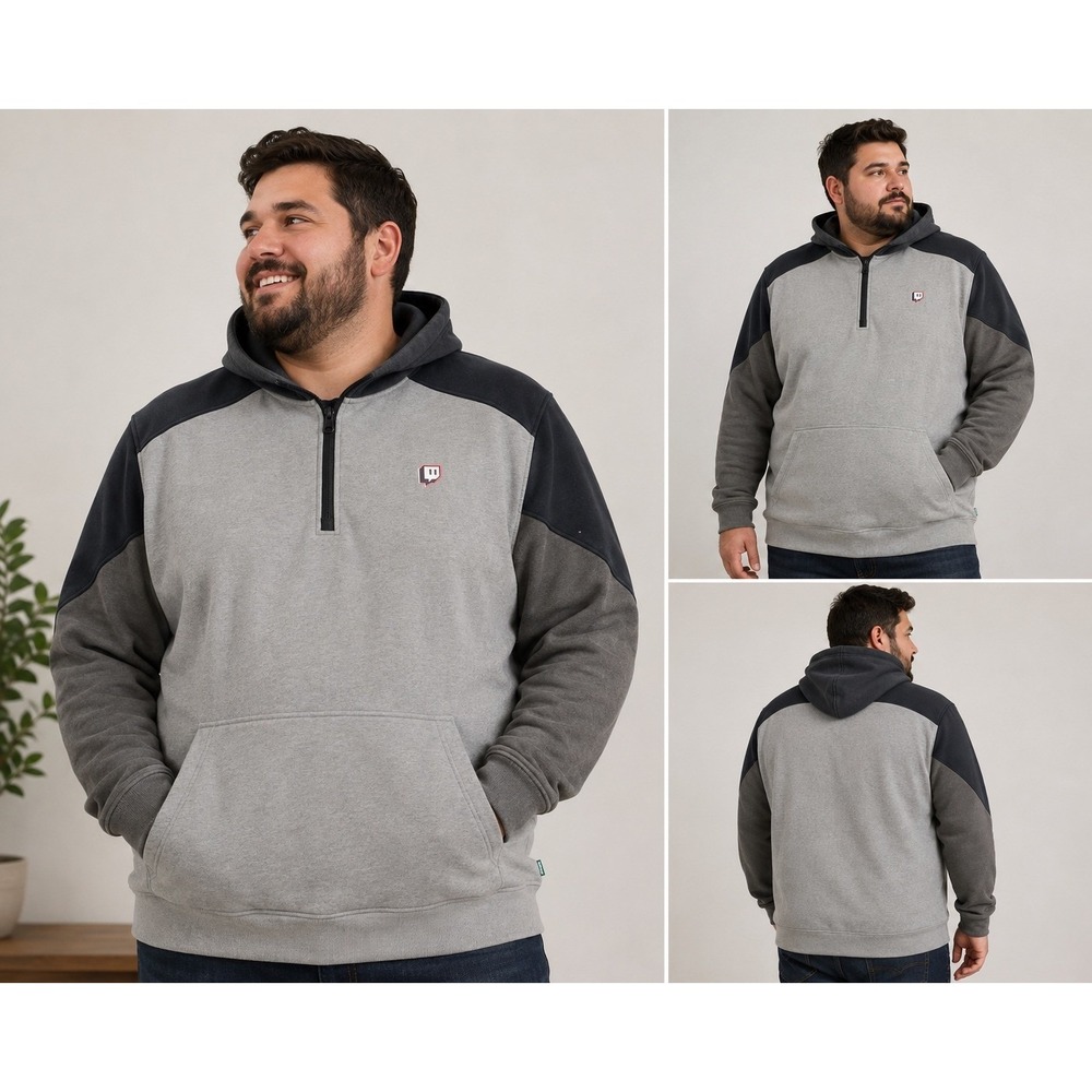 Twitch Quarter Zip Hoodie Mens 3XL Grey Black Colorblock Gaming Pullover Esports